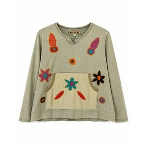Studio Produce Womens‎ Boho Floral Applique Top Blouse Sage Green Patchwork S